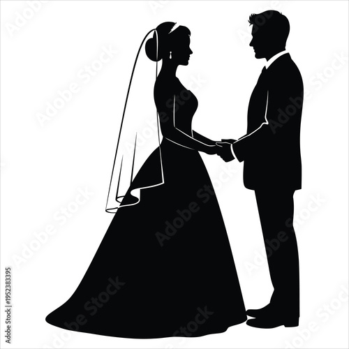 A black silhouette of a bride and groom holding hands