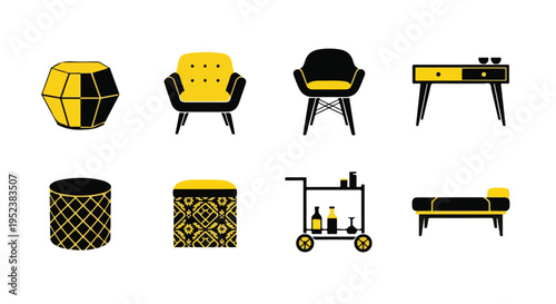 Set of 8 mid-century modern furniture icons vector