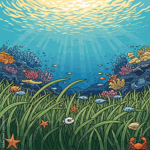 Colorful Coral Reef Marine Life Scene.