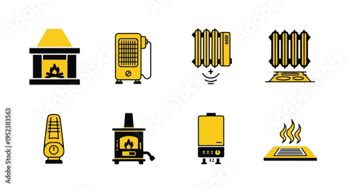 Set of 8 heating system icons vector, yellow and black