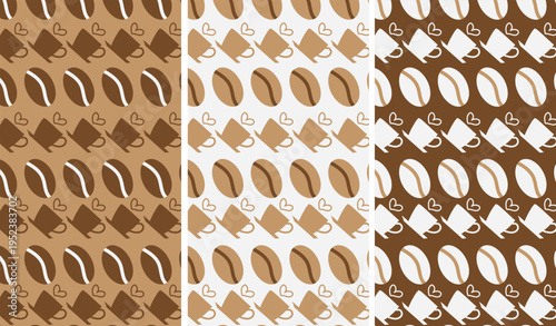 Set of seamless coffee themed patterns featuring stylized beans and cups in elegant neutral and brown tones