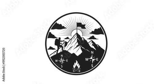 Mountain climber reaching summit with compass and flag illustration