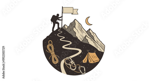 Mountain climber reaching summit with flag on starry night illustration