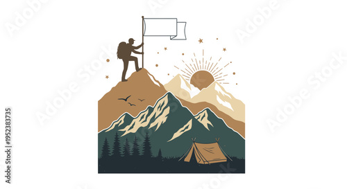 Mountain climber reaching summit with flag adventure and success illustration