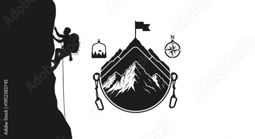 Mountain climber scaling rock face near adventure symbol with compass and flag