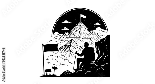 Mountain climber reaching summit with flag vector illustration