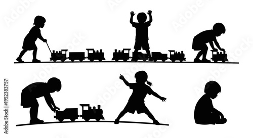 Children's Playtime: Silhouettes of Kids Enjoying Toy Trains in Various Poses