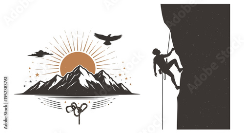 Mountain climber silhouette ascending rock face with sunrise landscape concept