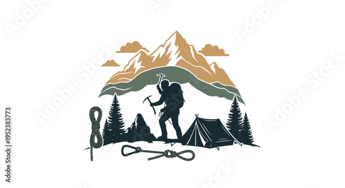 Mountain climber illustration adventure scene with tent and forest elements