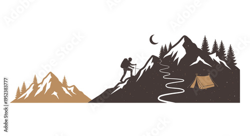 Mountain climber silhouette ascent of a peak under stars and trees
