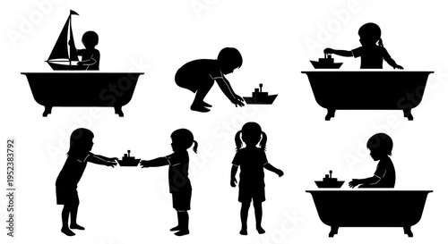 Children's Bathtime Fun: Silhouettes of Kids Playing with Toy Boats in Bathtubs