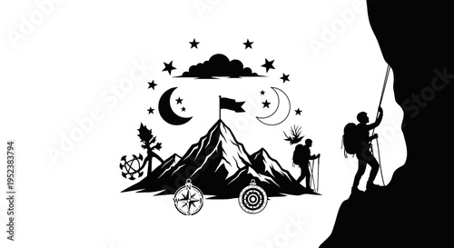 Mountain climber silhouette ascending towards summit with flag and night sky elements