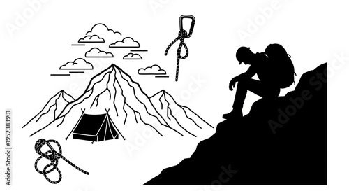 Mountain climber silhouette with climbing gear and tent on white background
