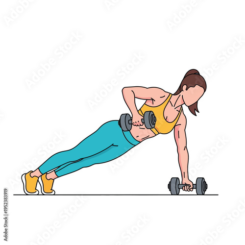 Woman performing dumbbell row exercise in plank position.