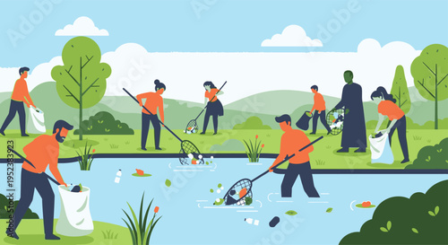 Volunteers cleaning polluted river water with nets and bags.