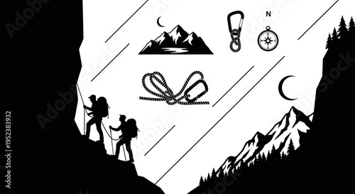 Mountain climber silhouette with dog and sun vector illustration