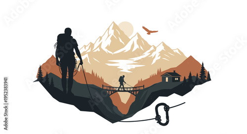 Mountain climber silhouette with landscape bridge and bird isolated
