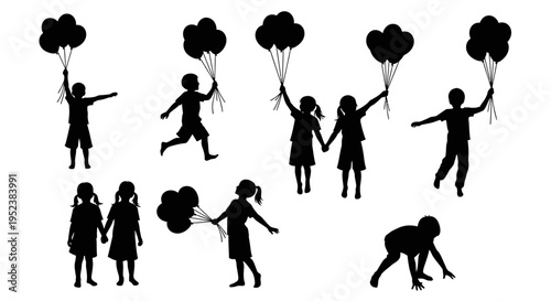 Silhouette Children Holding Balloons, Joyful Playful Childhood Moments
