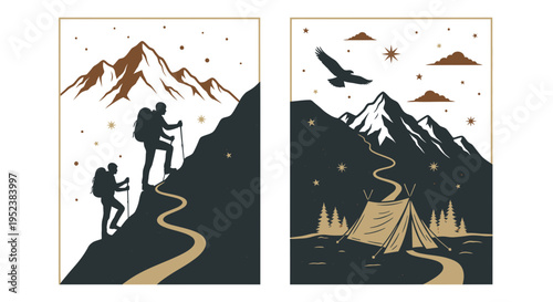 Mountain climbers and camping scene silhouette vector illustrations