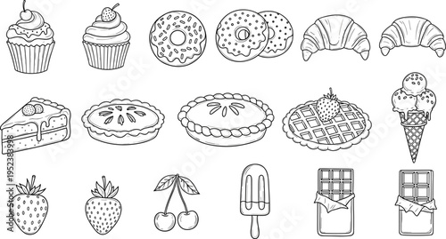Collection of hand-drawn desserts and sweets in a simple line art style