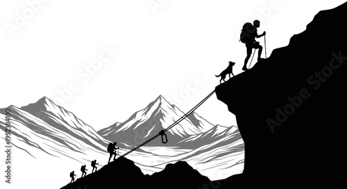 Mountain climbers ascend a steep rock face with a dog and rope in monochrome vector