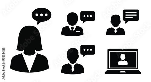 Set of 5 black vector icons depicting business people communicating and online meetings