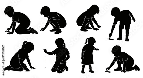 Silhouettes of Children Drawing and Playing on the Ground