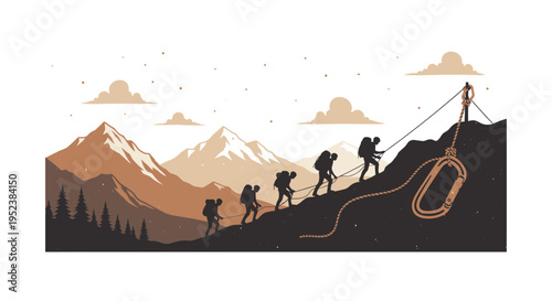 Mountain climbers ascend steep terrain with gear and rope vector illustration