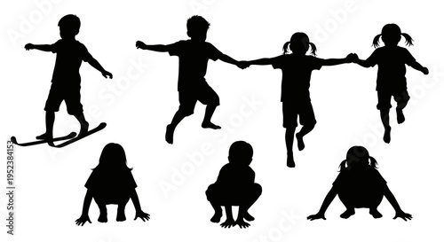 Silhouettes of Children Playing and Exercising Outdoors
