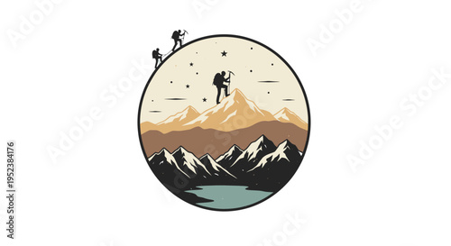 Mountain climbers ascending peak in detailed vector illustration