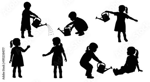 Silhouettes of Children Watering Plants in Garden: Playful Kids Gardening Activities