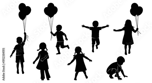 Silhouettes of Diverse Children Playing with Balloons, Celebrating Joyful Childhood Moments