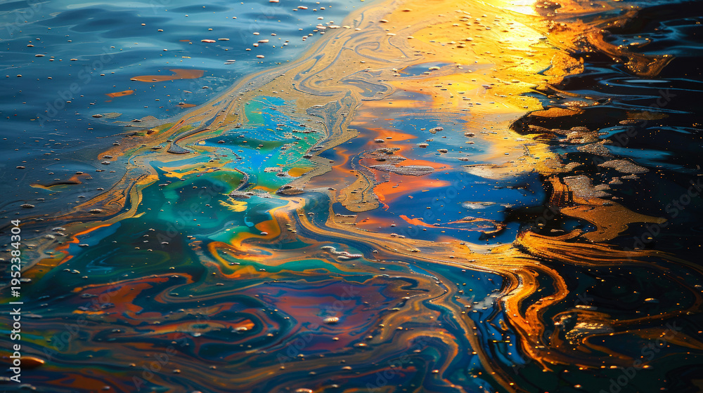 Fototapeta premium Rainbow-colored oil slick on surface of water: river, sea, ocean. Environmental damage: danger to humans, marine ecosystem, flora, and fauna. In rays of setting sun.