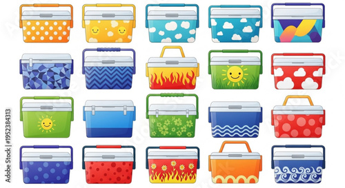 Collection of Colorful Portable Coolers with Various Fun Designs and Patterns