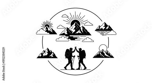 Mountain climbers hike amongst peaks and sun in outdoor adventure illustration