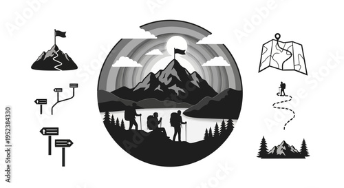 Mountain climbers hike towards summit achieving goal in monochrome design