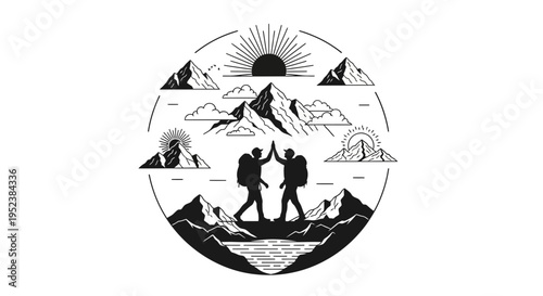 Mountain climbers celebrating success silhouette vector illustration