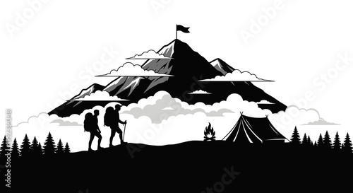 Mountain climbers hiking toward summit silhouette with tent and trees