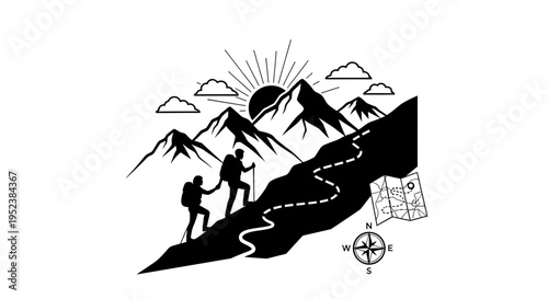 Mountain climbers navigating a trail illustration with sun and map elements