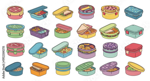 A vibrant collection of diverse lunchbox illustrations showcasing various convenient and healthy meal preparations, perfect for on-the-go nourishment and organized eating