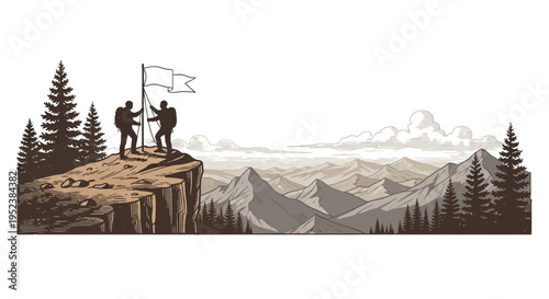 Mountain climbers planting flag success concept vector illustration