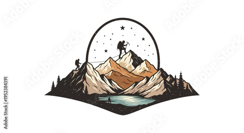 Mountain climbers reach peaks under starry sky adventure illustration