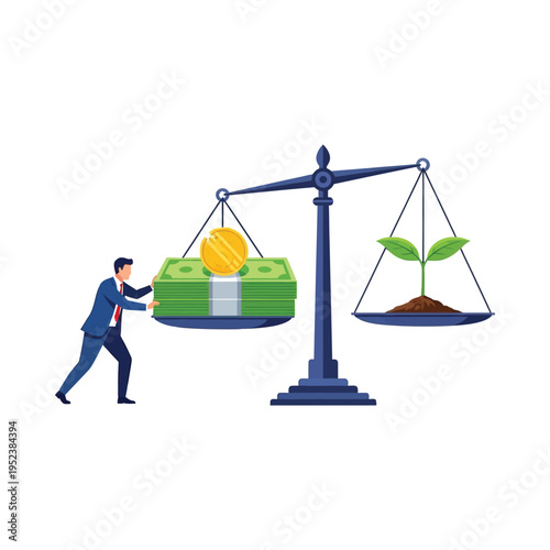 A man choosing between money and a plant on a scale