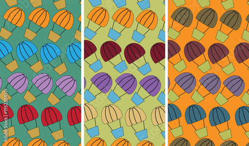 Whimsical hot air balloon pattern bundle featuring playful cartoon illustrations and diverse vibrant palettes