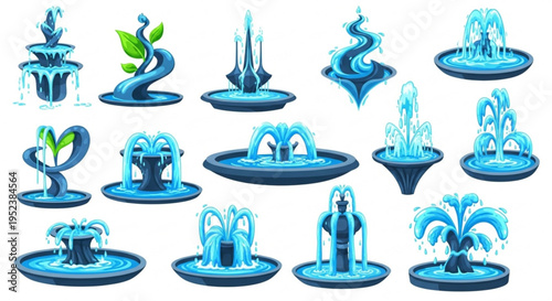Collection of various stylized water fountains, showcasing different designs and artistic expressions of water features in a garden setting