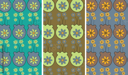 Set of seamless hot air balloon patterns. Playful backgrounds with flying balloons in three vibrant color variations