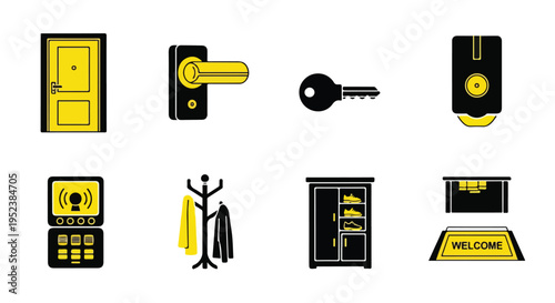 Set of 8 hotel icons vector, black and yellow
