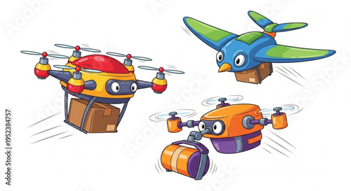 Playful cartoon illustration showcasing diverse futuristic airborne delivery methods, featuring whimsical drones and a bird-shaped robot swiftly transporting packages through the sky