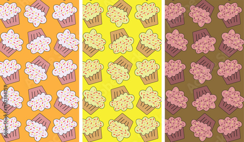 Set of seamless cupcake patterns. Playful abstract backgrounds with sweet desserts and sprinkles in three vibrant color variations