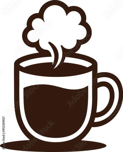 Minimalist vector illustration of a steaming hot coffee mug icon on a white background for cafe branding.